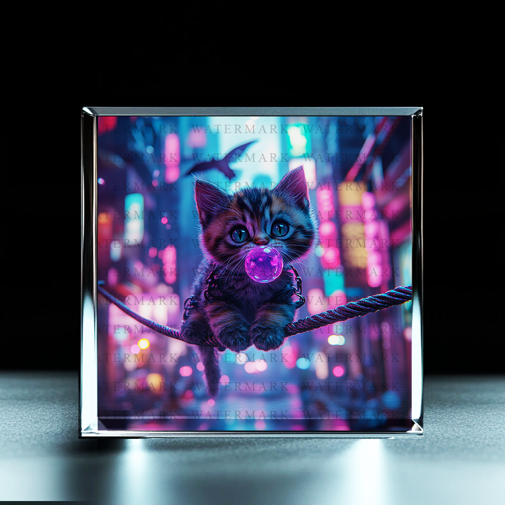 Cyberpunk Kitten's Bubble Delight Acrylic Photo Block - Ozart