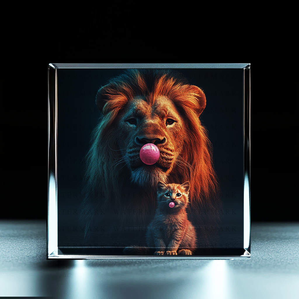 Lion & Kitten with Bubble Gum Acrylic Photo Block - Ozart