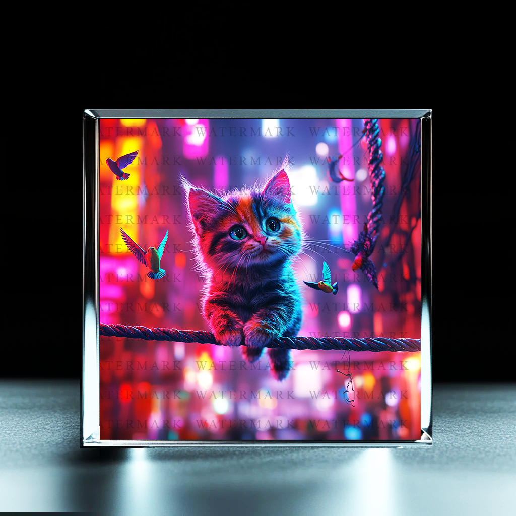 Neon Kitten Charm Cube Acrylic Photo Block - Ozart