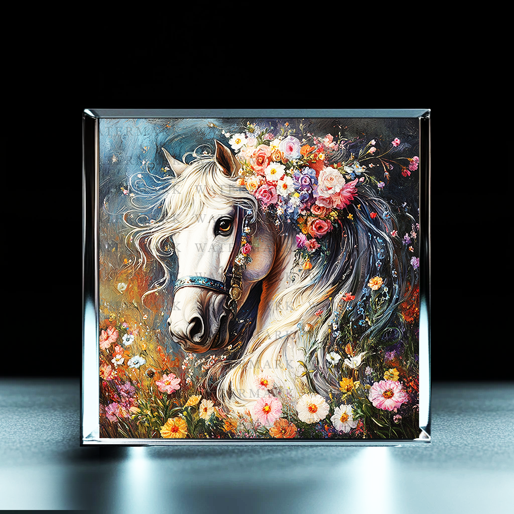 Whimsical Floral Horse Acrylic Photo Block - Ozart