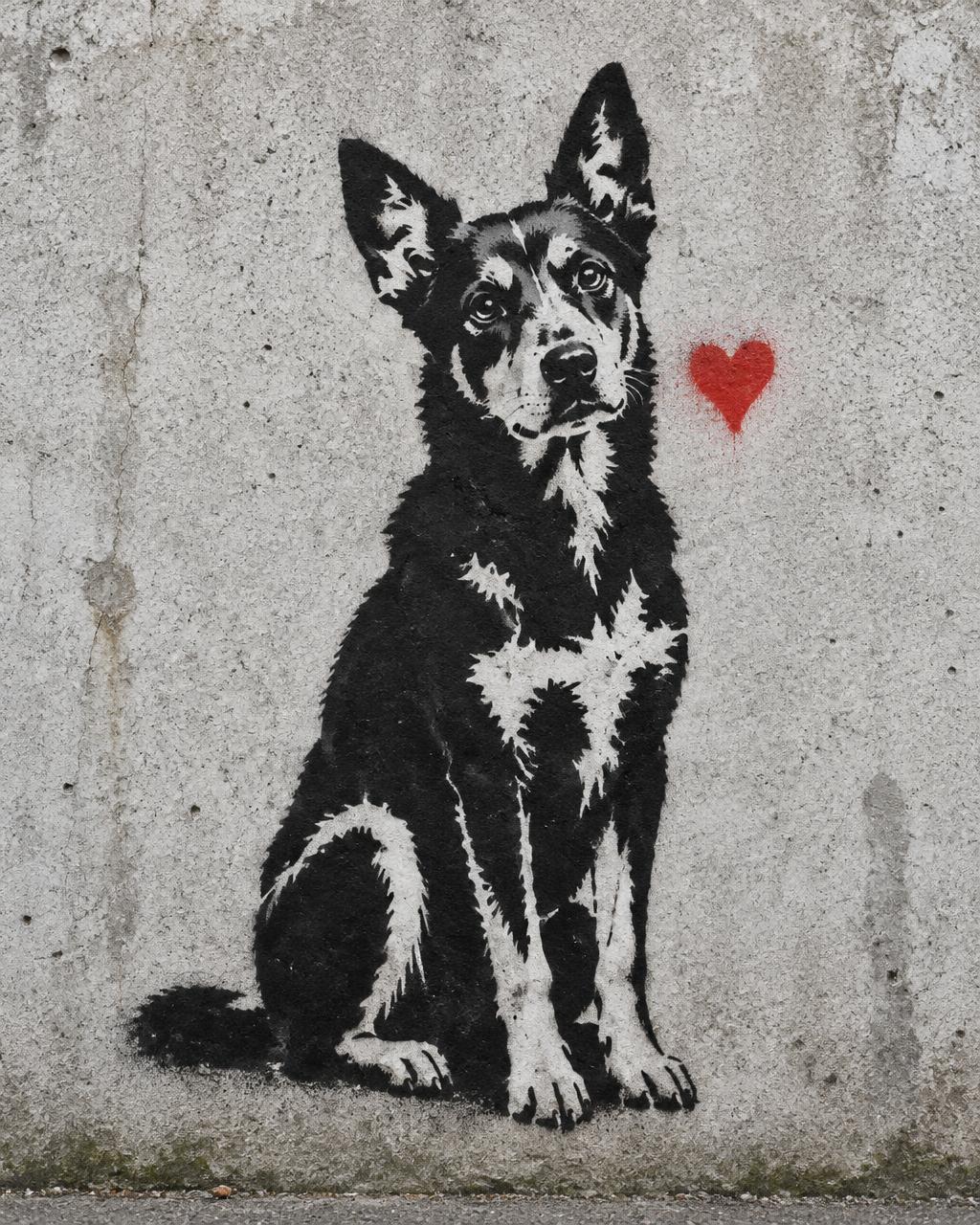 Banksy-inspired black-and-white stencil portrait of a dog on a concrete wall with a single red heart