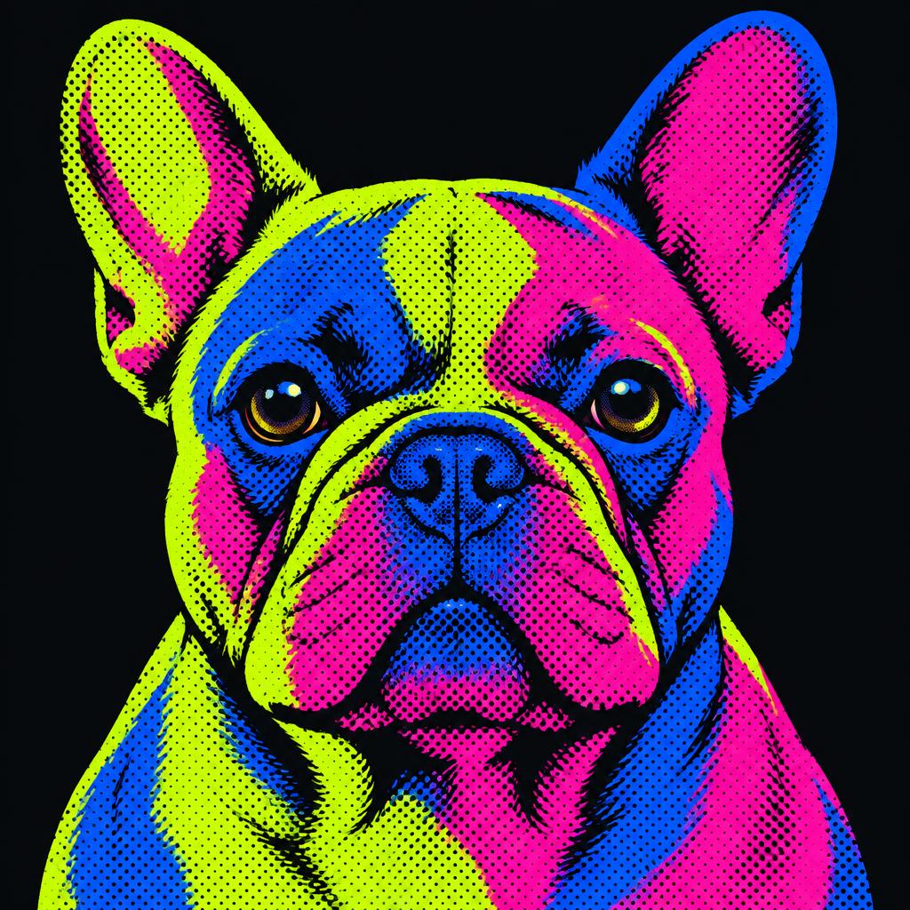 Pop-art portrait of a french bulldog in neon lime, magenta and electric blue