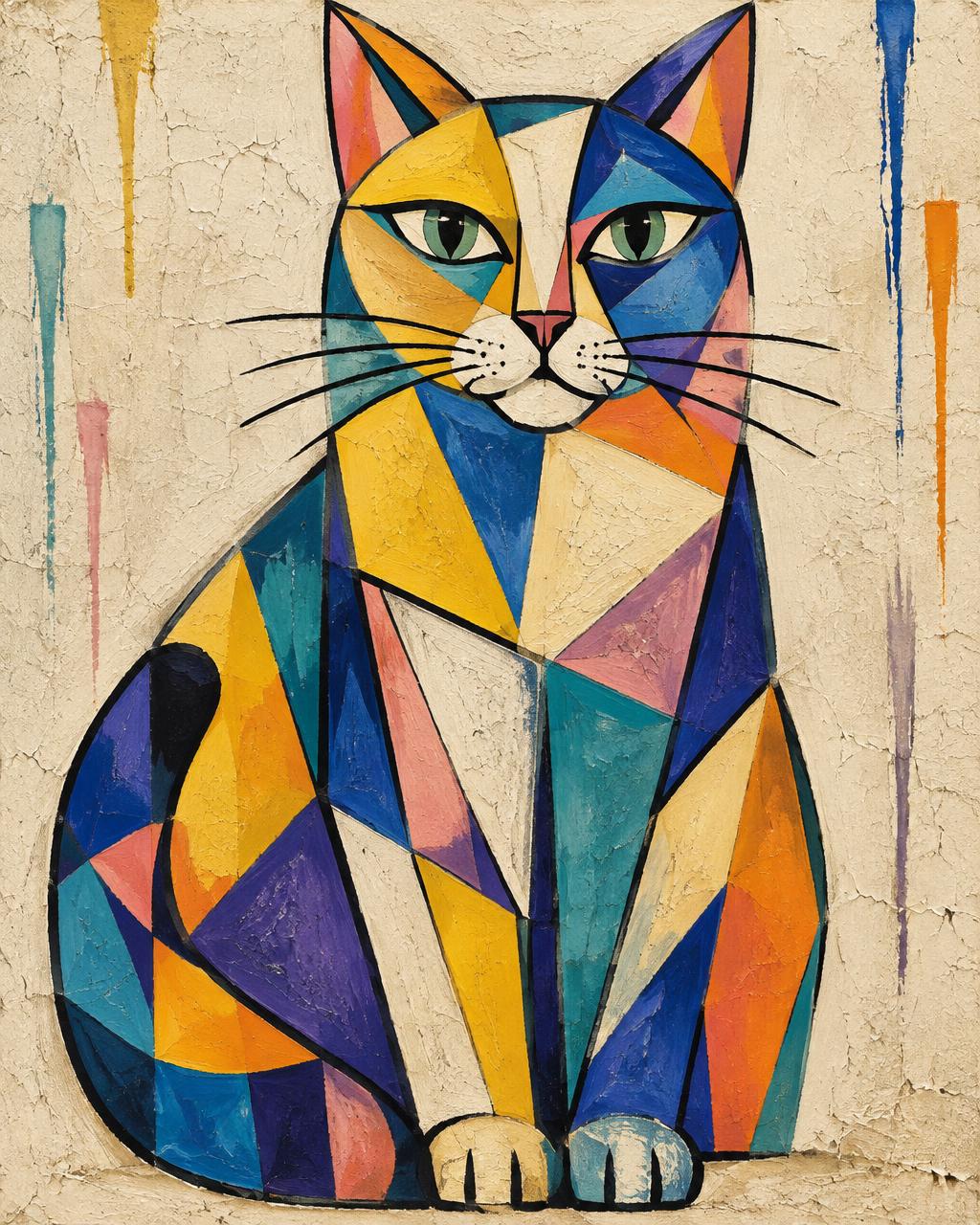 Cubism-inspired cat portrait with angular colour blocks and strong black outlines, an example of Ozart's Cubist Pop style