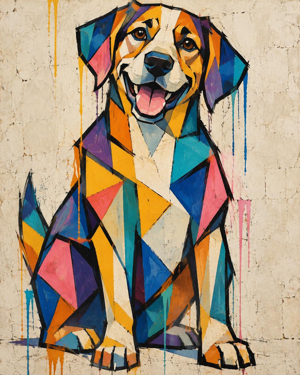 Cubism-inspired dog portrait in bold planes of colour with black brush outlines, styled as wall art