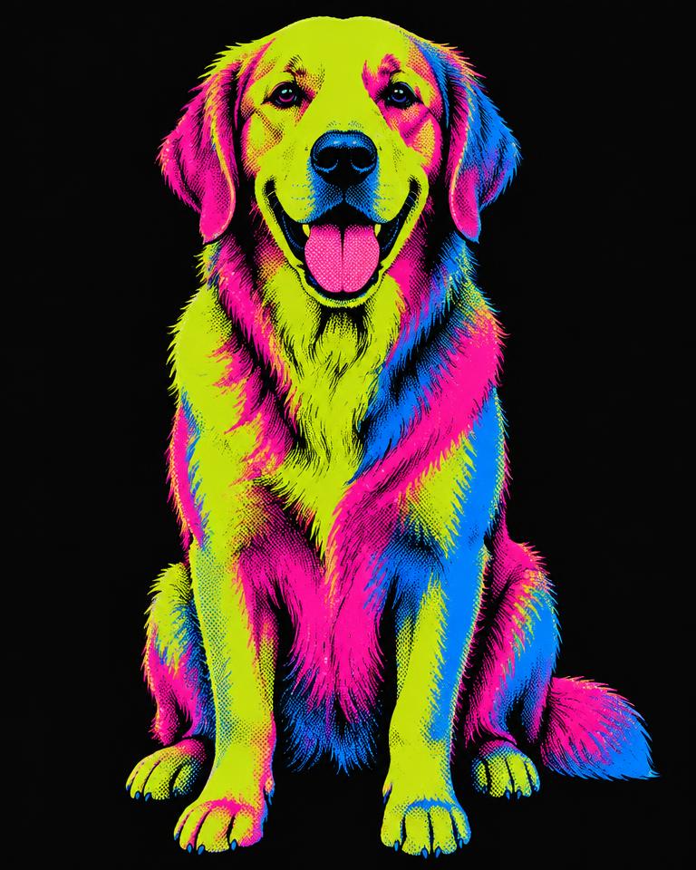 The same dog as an Ozart pop-art portrait in neon lime, magenta and electric blue