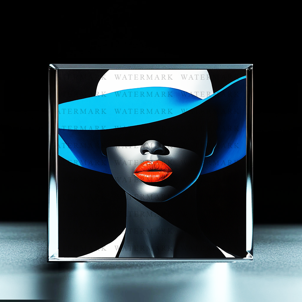 100mm Crystal Acrylic Block – Blue Hat & Red Lips Portrait – Modern Art Decor